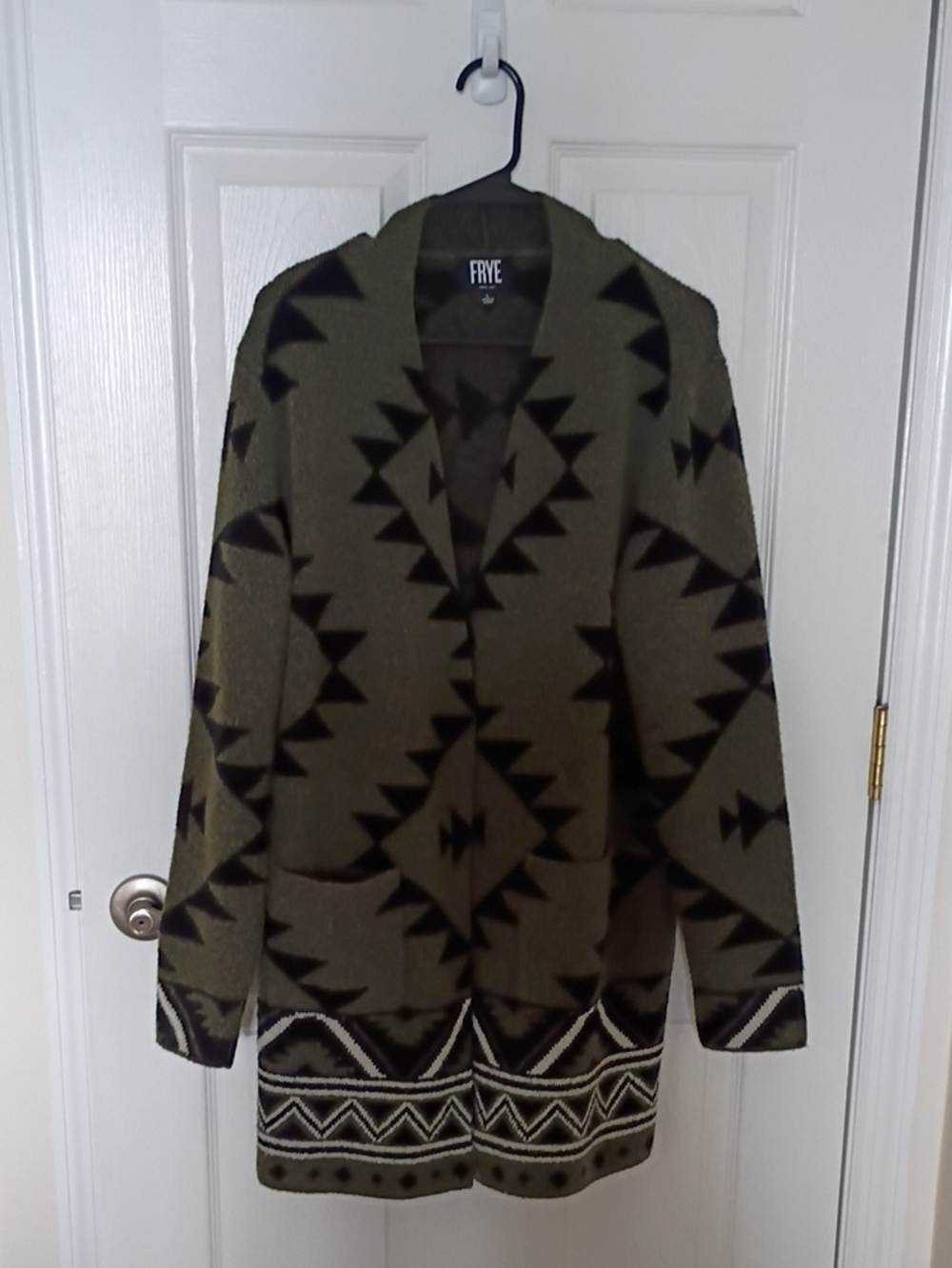 FRYE Olive and Black Aztec Knit Cape Coatigan, L